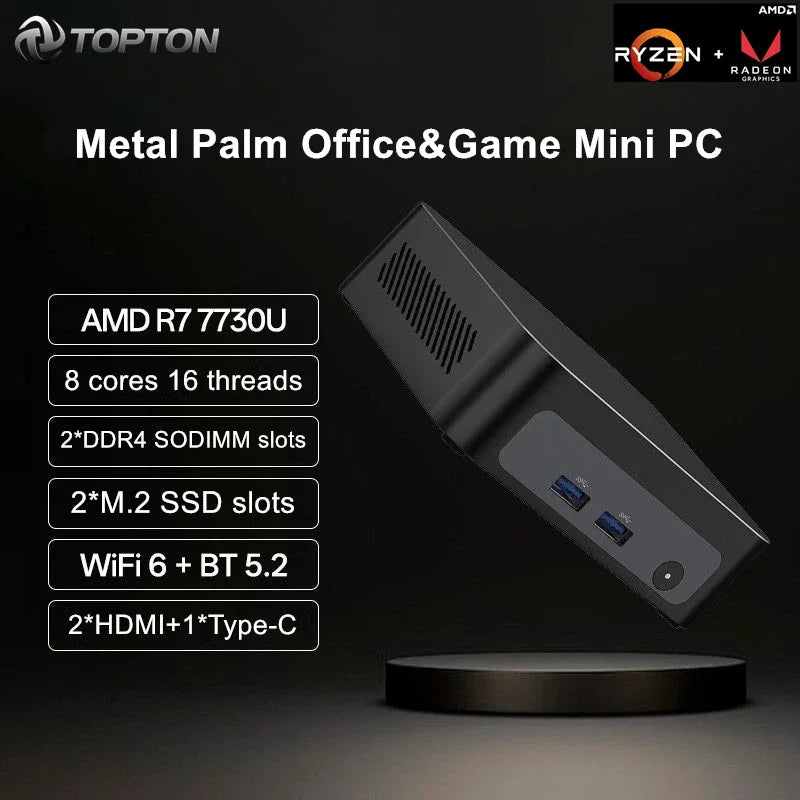 Topton Palm Gaming Mini PC AMD Ryzen 7 7730U 5825U 5800U R5 7530U 5600U Metal Nuc NVMe DDR4 Windows 11 Office Computer WiFi6 BT