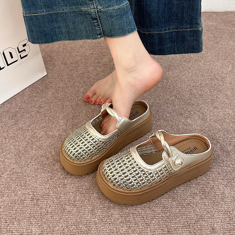 Summer Women's Hollow Out Woven Round Toe Mary Jane Buckle Strap Chunky Platform Mule Clogs Slides Sandals Casual Slippers Shoes
