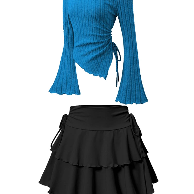 New Fashion Women's Half Skirt Summer Casual Elastic High Waist Slim Skirt Long Sleeve Slant Shoulder Sexy T-shirt Top 2-Piece