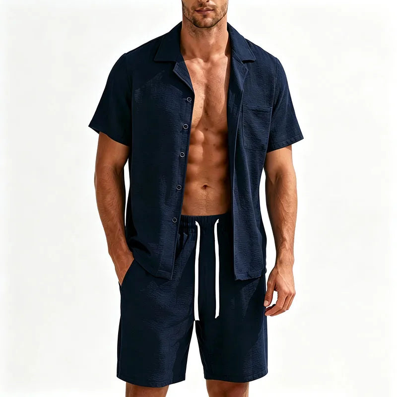 Men Textured Co Ord Set Loose Fit Short Sleeve Camp | SAMAG