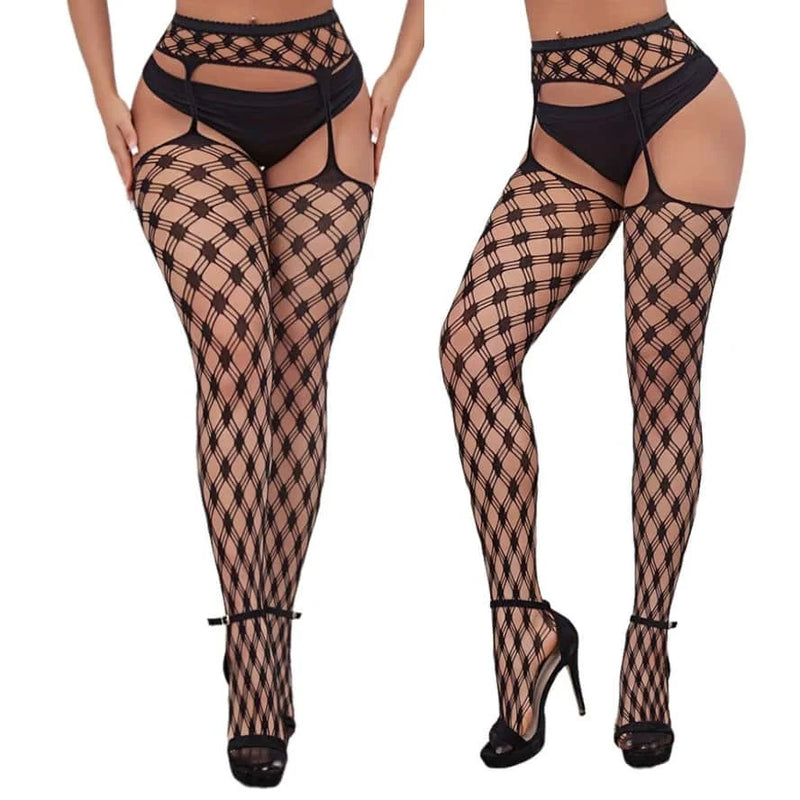 High Waist Sexy Fishnet Black Garter Stockings Tights Open Crotchless Body Suit Large Plus Size Pantyhose for Oversized Woman XL
