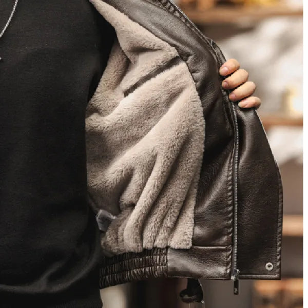 Winter Faux Fur Liner Leather Bomber Jacket Men Streetwear Fashion Loose Thicken Leather Casual Vintage Motorcycle Jacket Coat