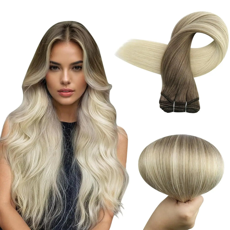 Full Shine Human Hair Weft Extensions Hair Bundles Ombre Blonde Color 100g Sew In Silky Straight Remy Skin Double Weft For Salon