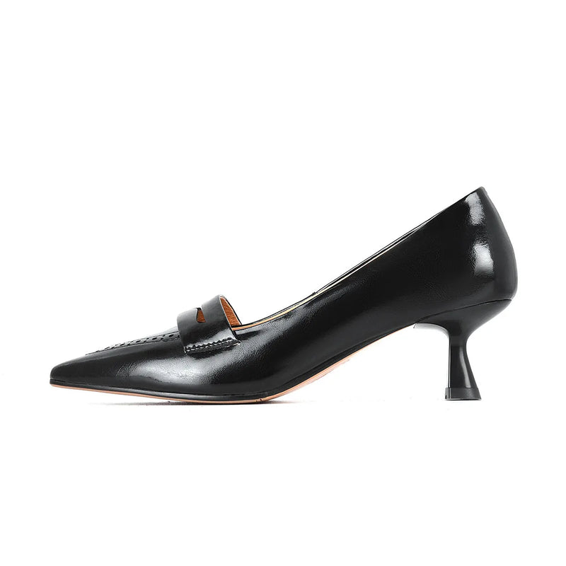 style new apricot high heels thin heel cowhide kitten heel middle mouth one pedal pointed single shoes women's super large size