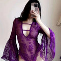 Sexy Purple Lace Mesh Hollow Out Bodysuit Long Sleeves Deep V Neck Pure Desire Bodysuits Flower Embroidery Thin Charming 8O4B