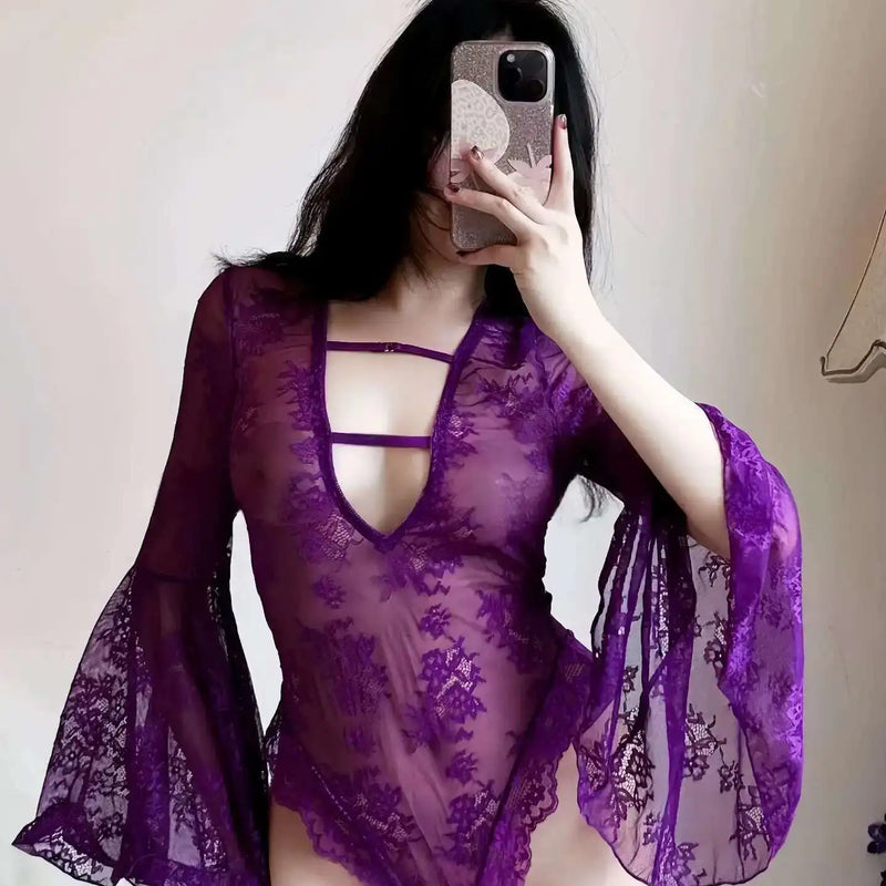Sexy Purple Lace Mesh Hollow Out Bodysuit Long Sleeves Deep V Neck Pure Desire Bodysuits Flower Embroidery Thin Charming 8O4B
