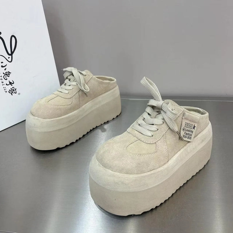Women Suede Platform Slip On Shoes Round Toe Lace Up Thick EVA Sole Casual Shoes Non Slip Walking Footwear For Ladies Season