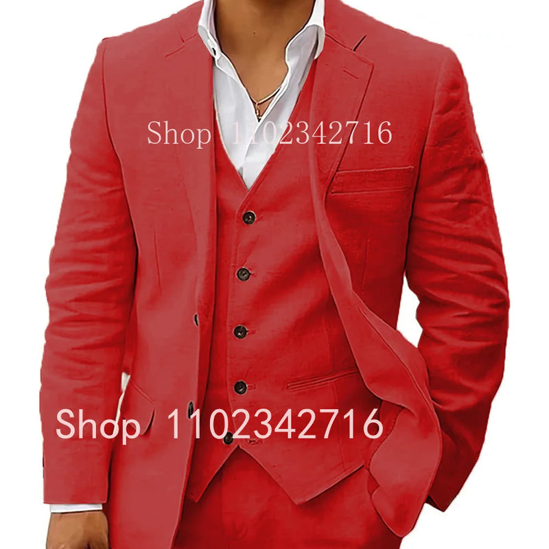 3 Piece Linen Summer Men Suits for Wedding Groom Tuxedos 2023 Casual Beach Custom Man Suit Set Jacket Vest with Pants Man Fahion