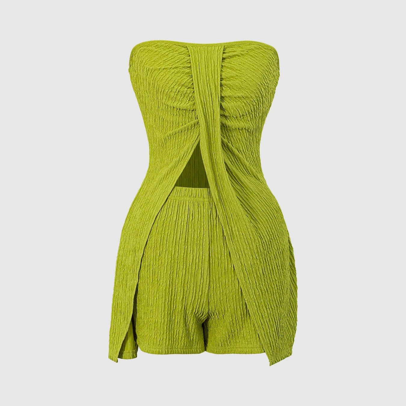 Women's Lime Green Strapless Textured Ruched Split Front Tube Top & Shorts Two Piece Set Spring Summer Casual Vacation Beach