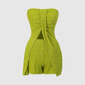 Women's Lime Green Strapless Textured Ruched Split Front Tube Top & Shorts Two Piece Set Spring Summer Casual Vacation Beach