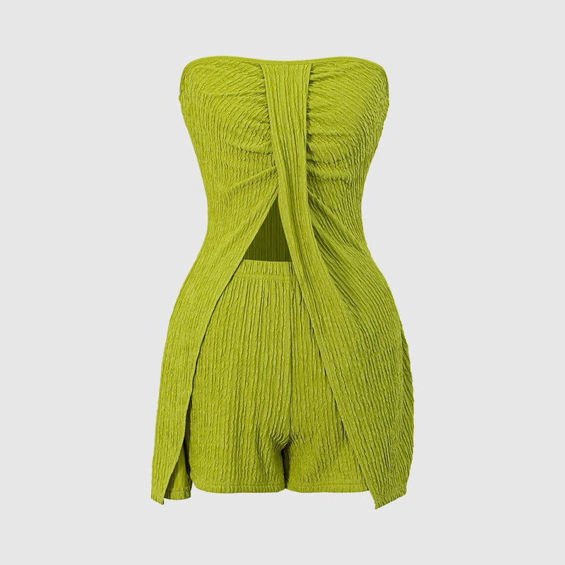 Women's Lime Green Strapless Textured Ruched Split Front Tube Top & Shorts Two Piece Set Spring Summer Casual Vacation Beach