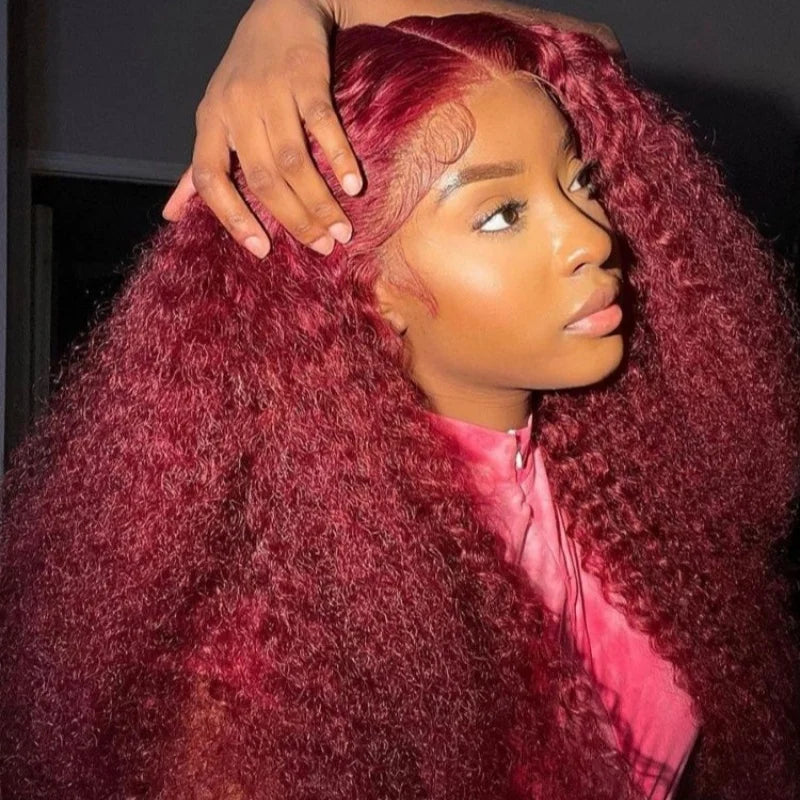 Deep Curly Wigs Human Hair 99J Burgundy 13x4 HD Transparent Lace Front Human Hair Wig Pre Plucked With Baby Hair 16-34 Inch Long