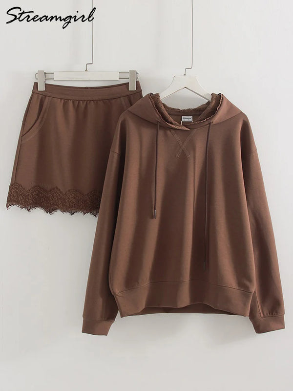 Brown Sweatshirts And Skirt Sets Ladies Elegant Officewear Skirt Suit With Lace 2 Pieces Hoodie Set With Skirt Women Autumn