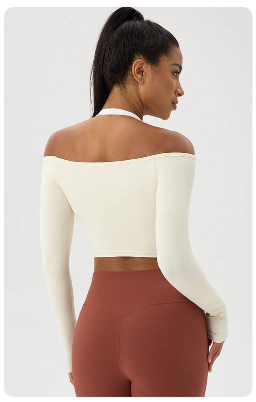 Long Sleeve Yoga T-Shirt for Women, Off Shoulder, Sexy Tight Gym Workout Top, Naked Feeling, Quick Dry Sports Activewear