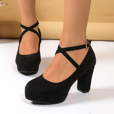 Women Pumps High Heels Thick Soles Shoes Ankle Strap | SAMAG