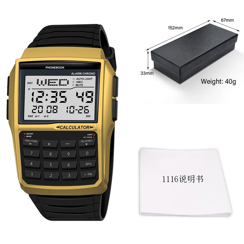Men's Top Luxury LED Multifunction Calculator Watch Luminous Electronic Numeric Watch Keyboard Style