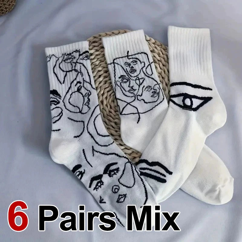6 Pairs Line Patterns Both Men Women Fashionable Mid Tube | SAMAG