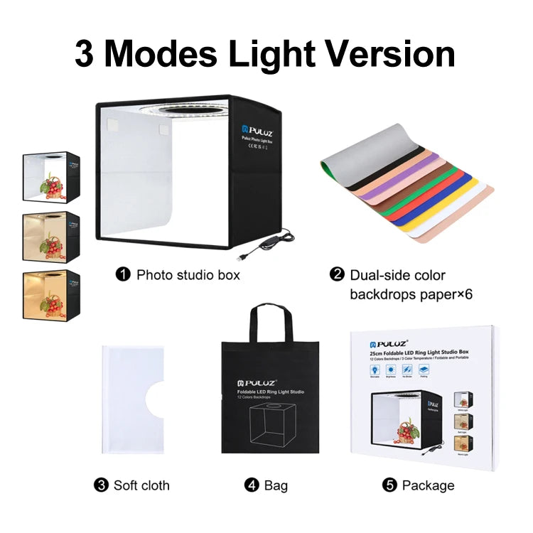PULUZ 25cm Folding Portable High 97 CRI Ring LED Light Photo Lighting Studio Shooting Tent Box with 12 Colors Backdrops
