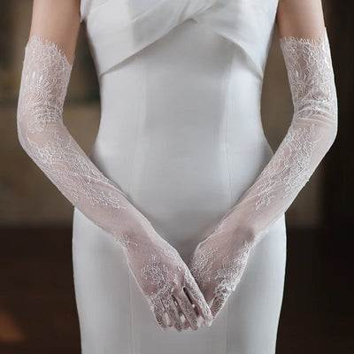 Women Sexy Thin Lace Flower White Black Long Gloves | SAMAG