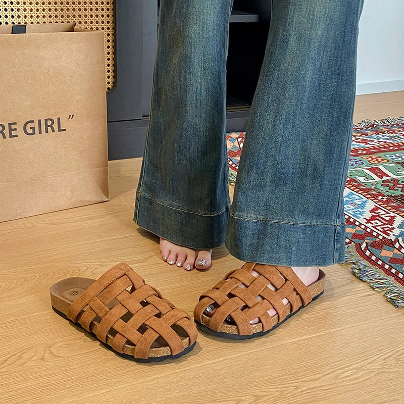 Women's Solid Color Breathable Mules Clogs, 2.5cm Woven Closed Toe Arch Support Sandals, Outdoor Beach Slides Home Slippers