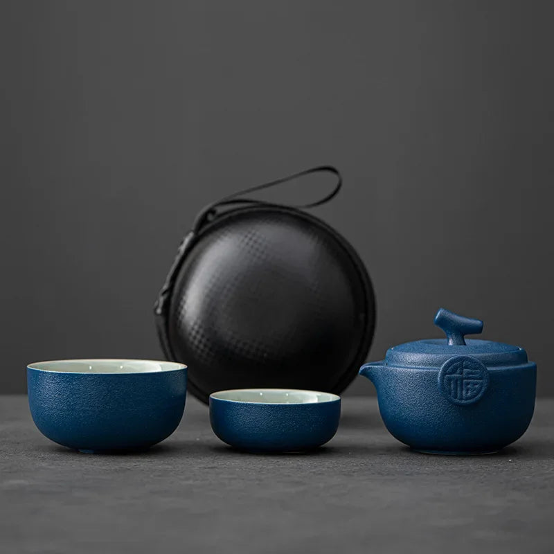 Ceramic Gongfu Travel Tea Set, Gorgeous Chinese Teapot Set with 2 Tea Cups, Portable Carrying Case