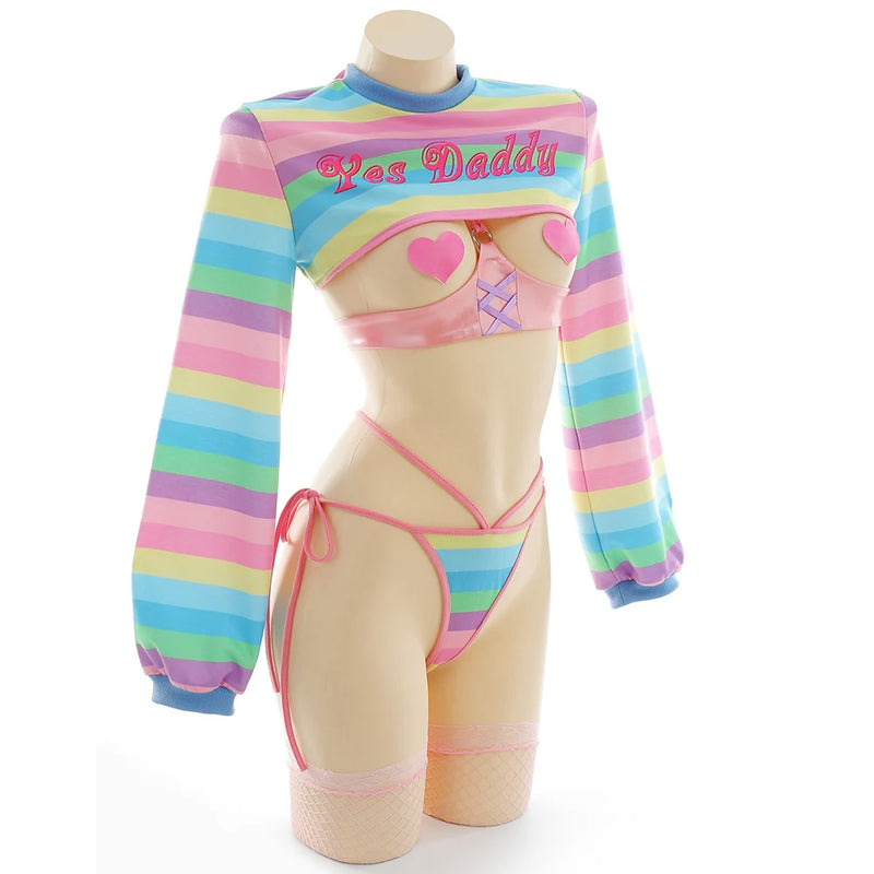 Women Rainbow Stripe Long Sleeve Short Tops and Panty with Stockings Sleepwear Cosplay Costumes