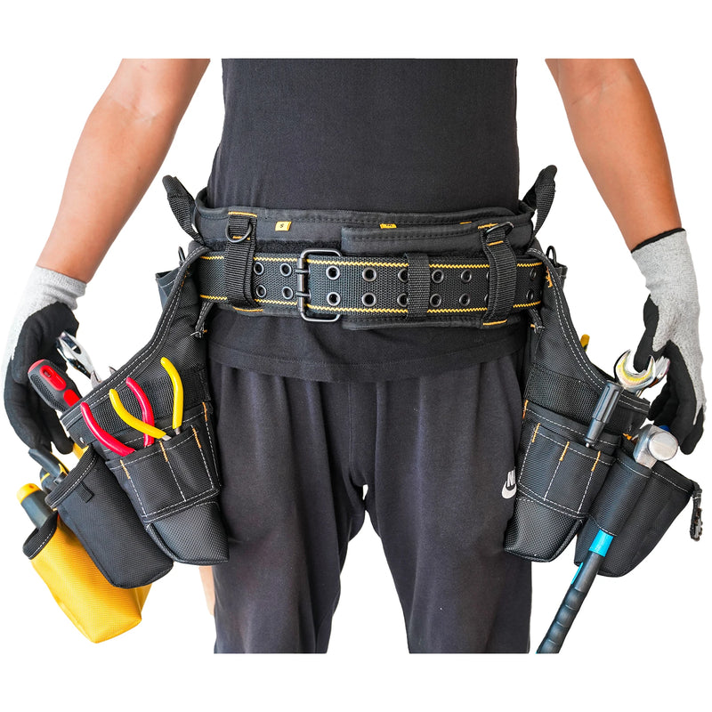 MELOTOUGH 26-Pocket Pro Framer's rig Combo Apron Tool Belt and Heavy Duty Padded Suspenders with Magnetic Desinger(Yellow)