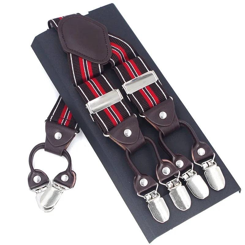 Men's Casual Fashion Leather Suspenders Adjustable High Quality Belt Strap Braces with 6 Clips