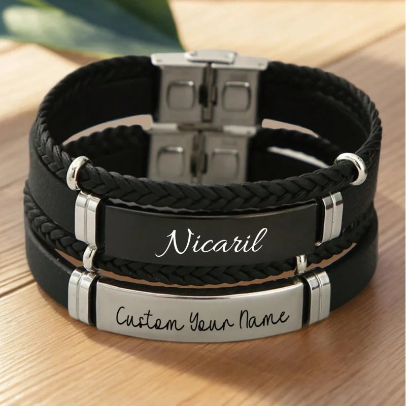 Custom Engraved Name Braided Rope Stainless Steel Bracelet, Personalised Engraved Text Twisted Rope Braided Leather Wristband