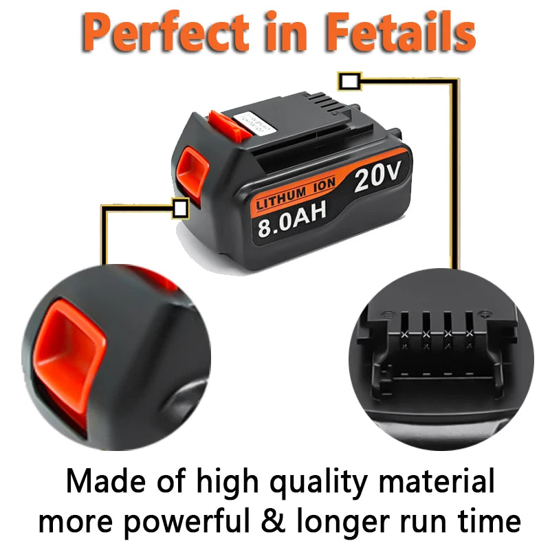 high capacity 8Ah LBX20 Replacement for Black & Decker 20V Battery Max Lithium BL2018 LBXR20  LST220 LB2X4020 Power Tool Battery