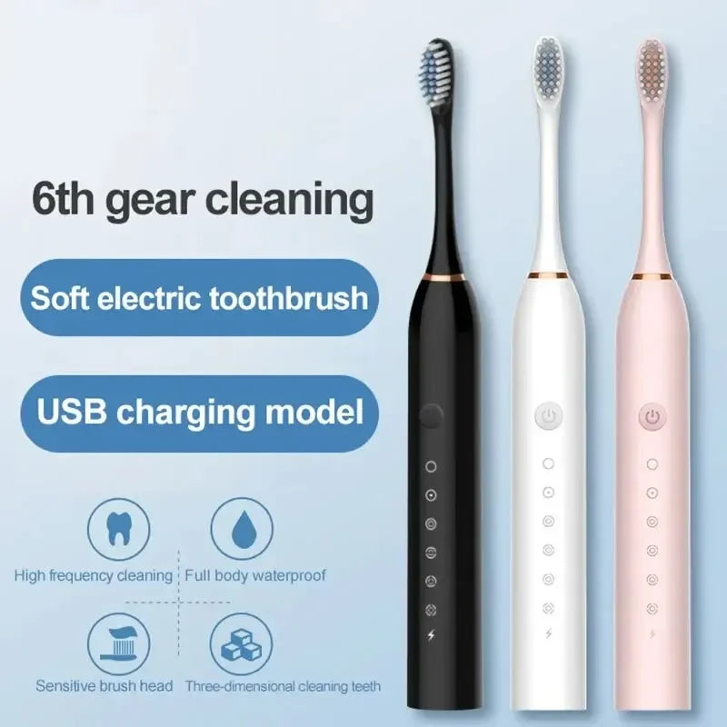 Electric Ultrasonic Toothbrush with Six Speed Modes Soft Bristles USB Charging Waterproof Adult Tooth Cleaner for Home