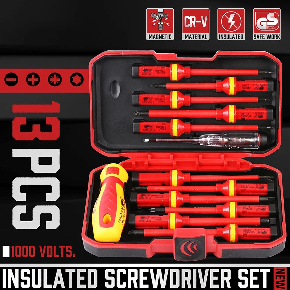 13PCS 1000V VDE Insulated Screwdriver Magnetic Slotted Bits Repair