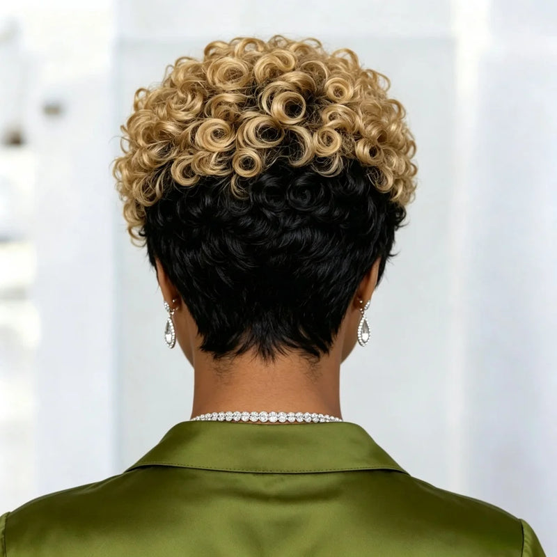 6 Inch Two Tone Ombre Short Curly Pixie Wig Human Hair Pixie Cut Wig for Women Daily Party Use Full Machine Made Wig