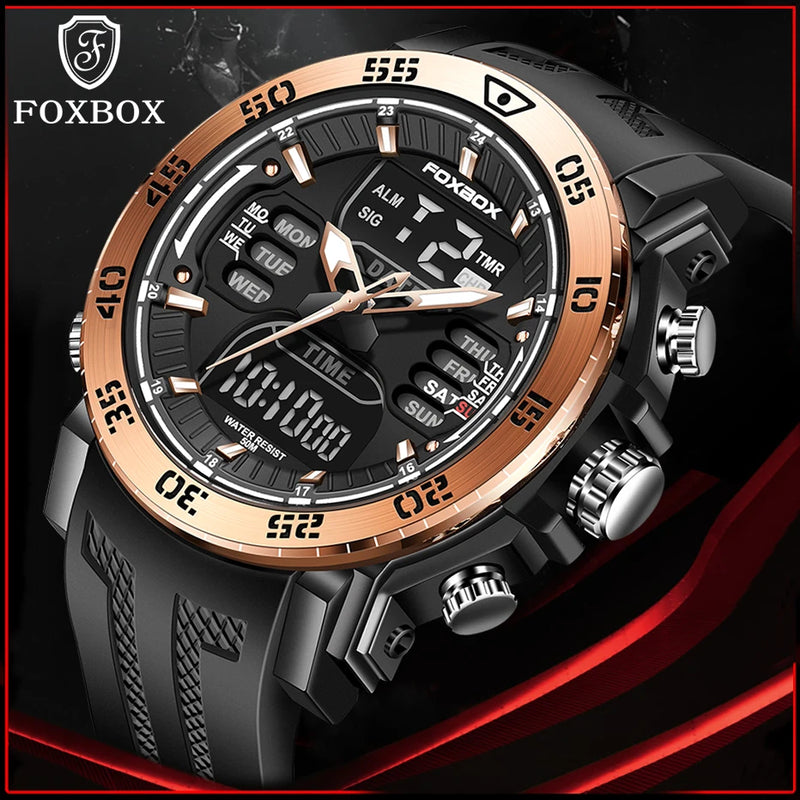 FOXBOX Fashion Outdoor Electronics Watches Male Luxury Casual Waterproof Luminous Alarm Auto Date Dual Digital Display Man Watch