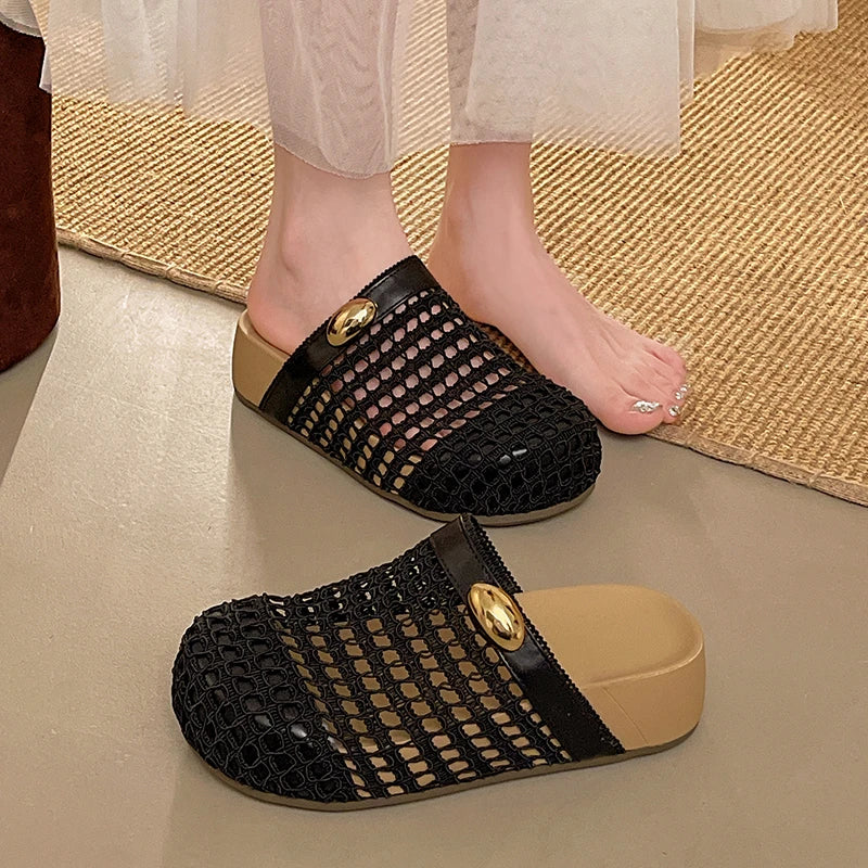 Women Closed Toe Crochet Mesh Hollow Out Wedge Mid Chunky Heel Mules Sandals Slides Casual Summer Daily Slippers Shoes for Women