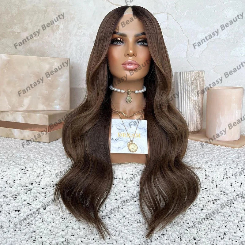 Highlight Human Hair Honey Brown1x4 Opening V Part Wigs with Clips Glueless 30Inches Dark Brown V Part Wigs for Women Easy Wear
