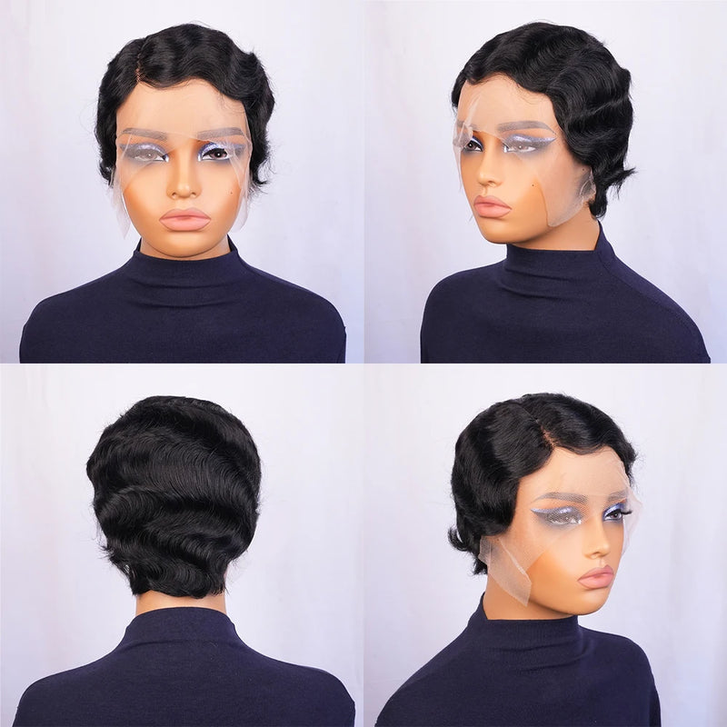 13x4 Transparent Lace Front Short Pixie Cut Wig Finger Waves Brazilian Human Hair Wigs with Pre Plucked Bangs Glueless for Women
