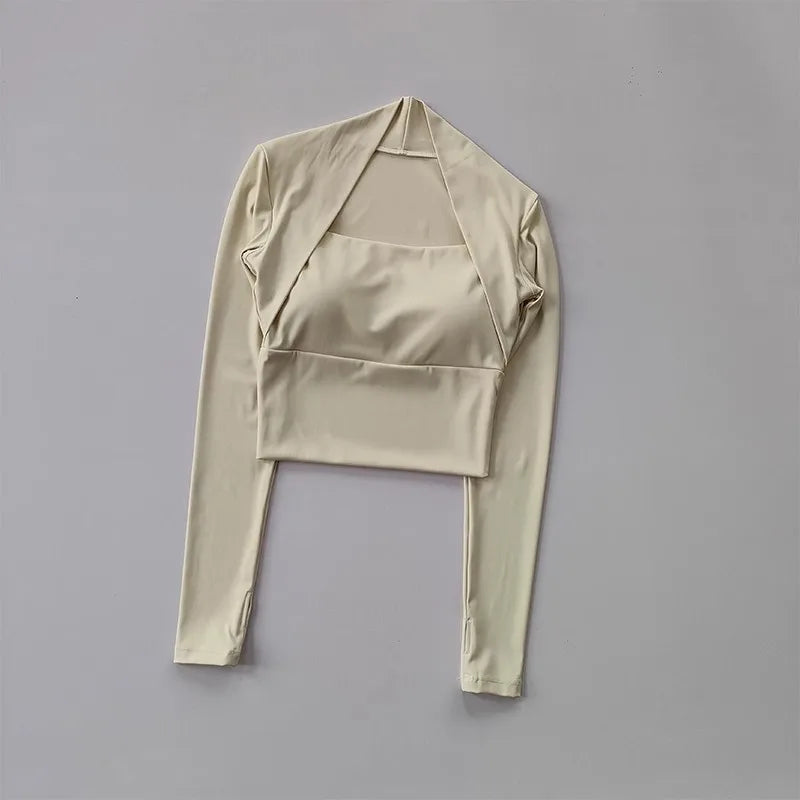 Women's Elegant Long Sleeve Yoga Shawl Sports Top with Chest Cushion Short Elegant Yoga Top Small Camback Pura Speed Dry Autumn