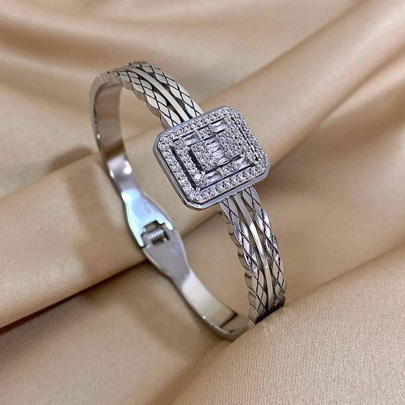 Stainless Steel Bangle Bracelet Inlay Luxury Rhinestones Gorgeous Synthetic Zirconia Geometric Oval Square Stars Shape for Women