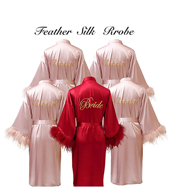 Women FEATHER Bride Bridesmaid Wedding Robe Satin Kimono | SAMAG