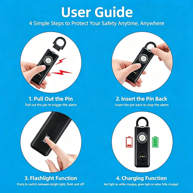 130dB Rechargeable Personal Alarm Keychain, LED Flash Emergency Security Alarm Portable Self-Defense Device for Women Student