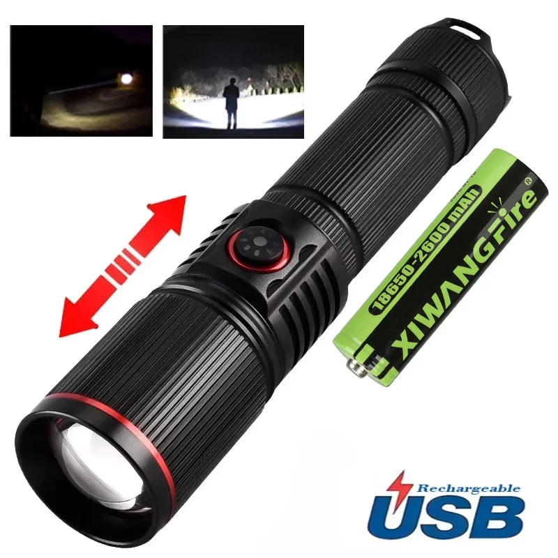 30W High Power LED Flashlight Zoom Torch USB Rechargeable Light Outdoor Camping Hunting Fishing Walking Riding Lighting Lamp