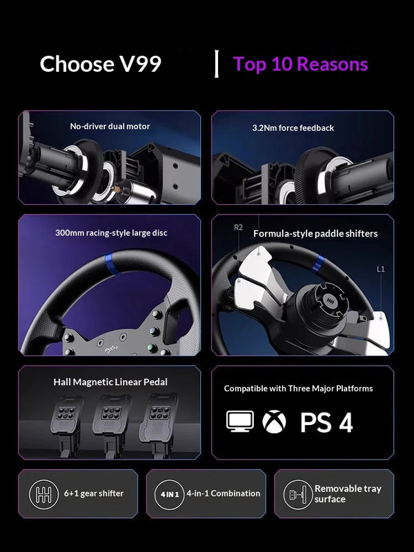 PXN V99 Racing Wheel Simulator Gaming Steering Wheel 3.2Nm Force Feedback For PC Windows 7/8/10/11,PS4,Xbox One,Xbox Series X/S
