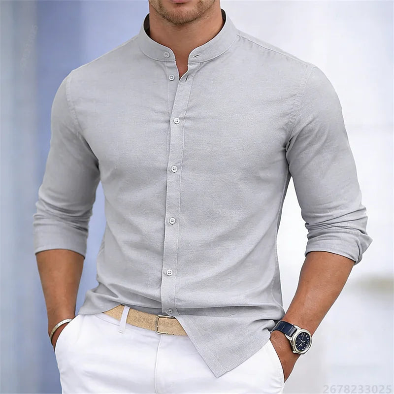 Men's stand-up collar white or black long-sleeved shirt | SAMAG