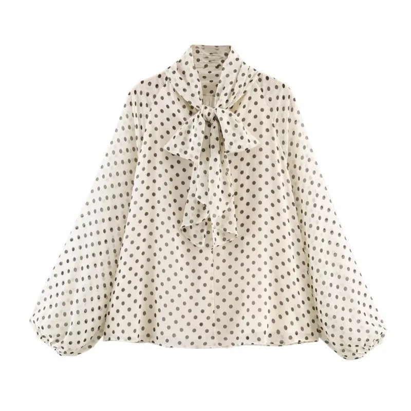 Women Polka Dot Print Blouse Casual High Collar Long - View 5 | SAMAG