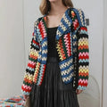 Multicolor Crochet Cardigan Women Sheer Openwork Patchwork Knit Open Front Sweater Jacket  Boho Beach Vacation Festival Outfit