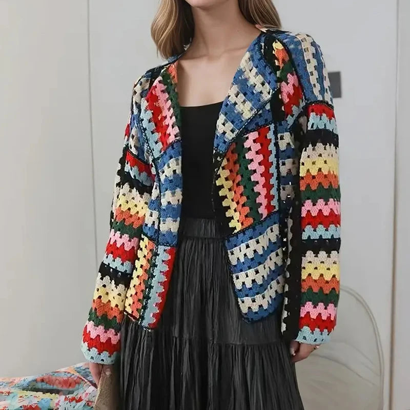 Multicolor Crochet Cardigan Women Sheer Openwork Patchwork Knit Open Front Sweater Jacket  Boho Beach Vacation Festival Outfit