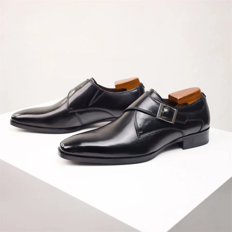 Classic Retro Dress Men Monk Leather Shoes with Pointed Toe Buckle Business Shoes Office Wedding Comfortable Men Oxfords Shoes