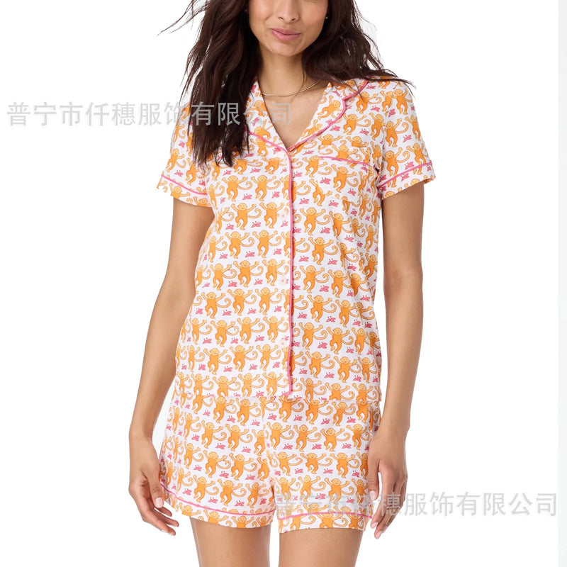 Monkey Print Short Sleeved Spring/summer New Pajama Set Two Piece Set of Women's Pajamas Fashionable and Elegant Style