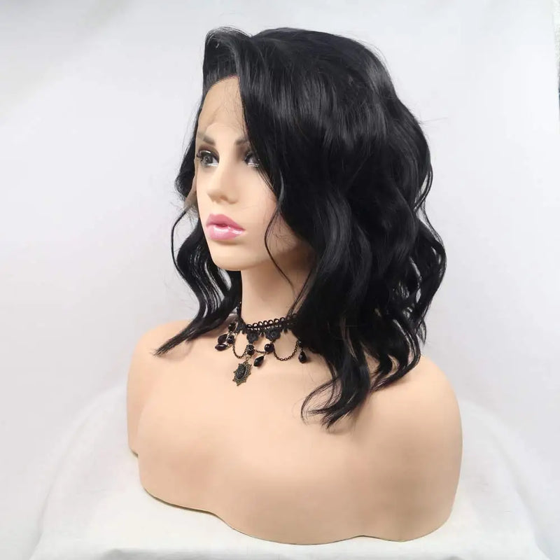 Natural Black Short Wavy Synthetic Black Lace Front Wigs For Women Hair Side Part Heat Resistant Fiber Short Black Wigs